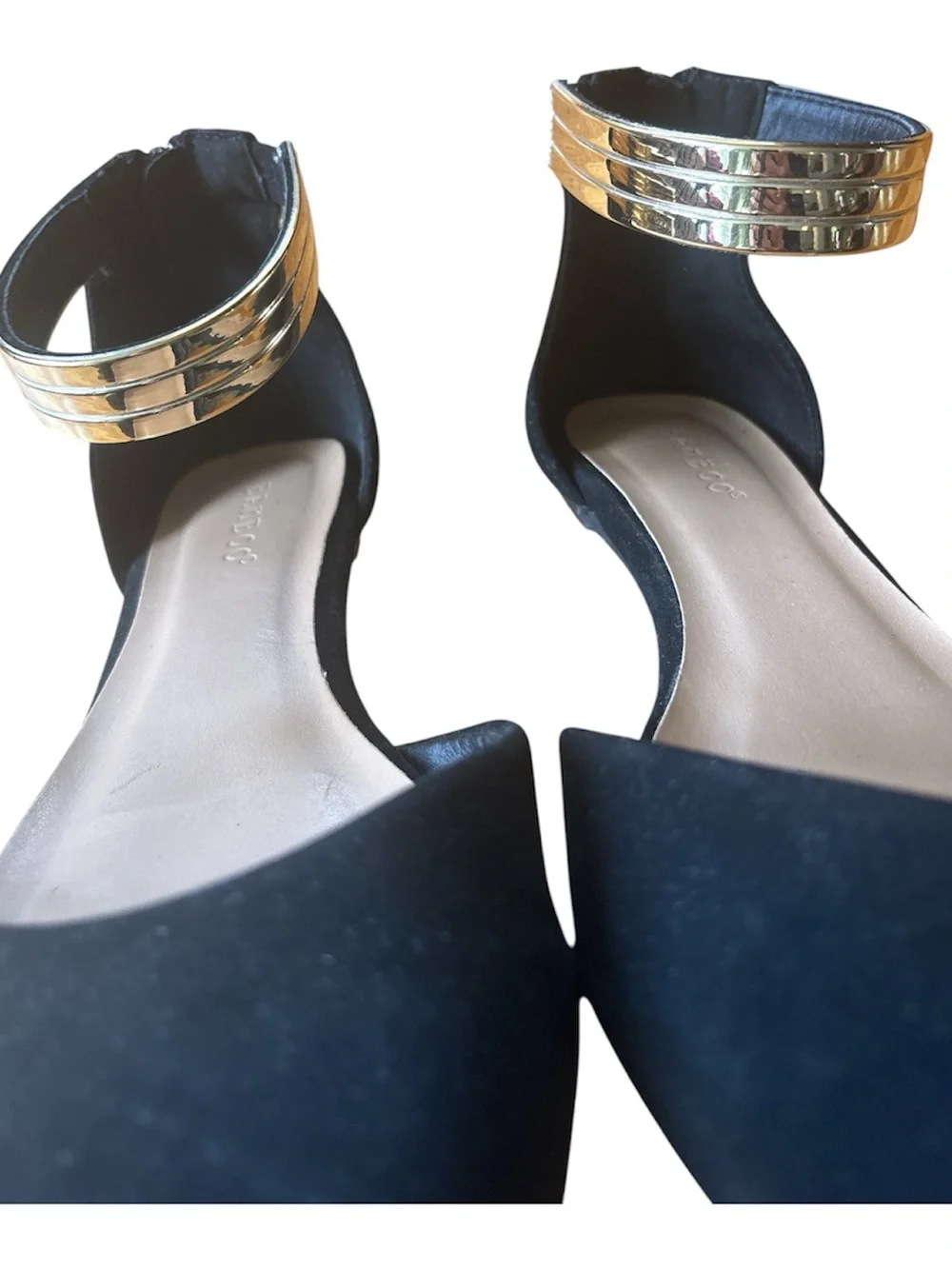 Bamboo Black Velvet Pointed Toe Ankle Strap Flats with Gold Accent Size 8